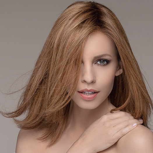 TRINITY PLUS by ELLEN WILLE in SOFT COPPER ROOTED | Medium Auburn Base with Strawberry Blonde highlights and Med Copper low lights and Dark Roots