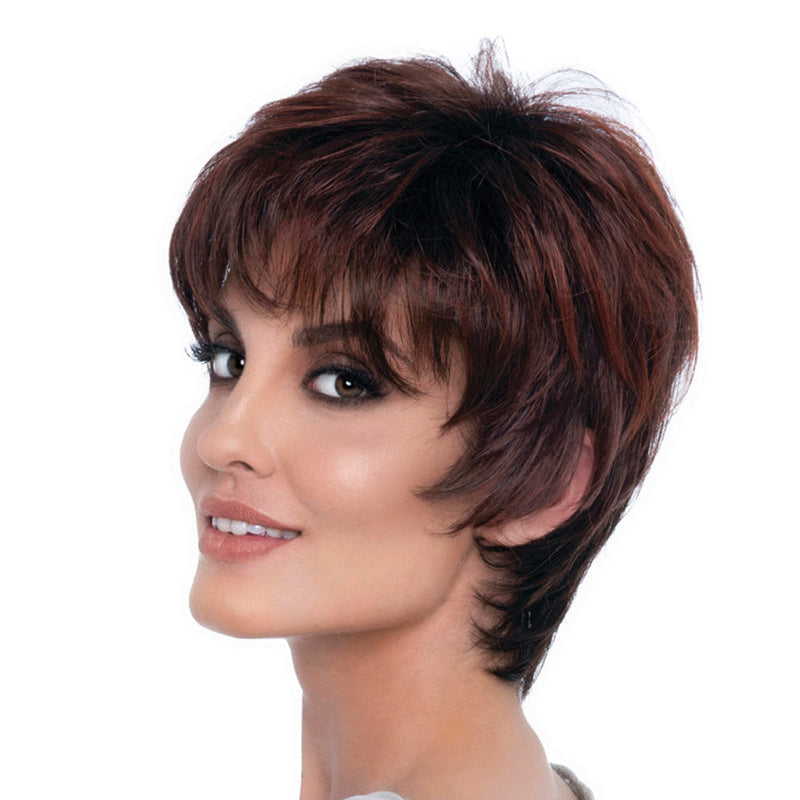 headshot of model wearing dark red pixie cut style wig