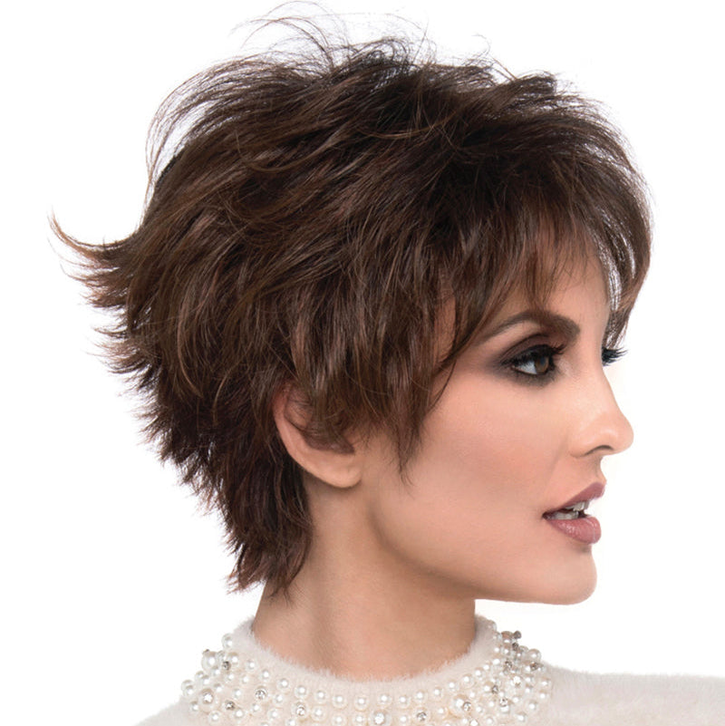 side profile of model wearing brown pixie style wig