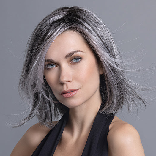 FLIRT by ELLEN WILLE in SALT/PEPPER ROOTED 39.44.60 | Darkest/Dark Brown and Pearl White blend and Grey Blend and Shaded Roots