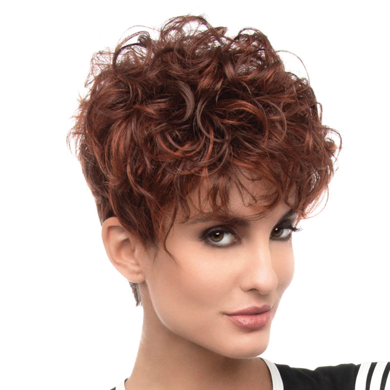 headshot of model wearing red curly pixie cut wig
