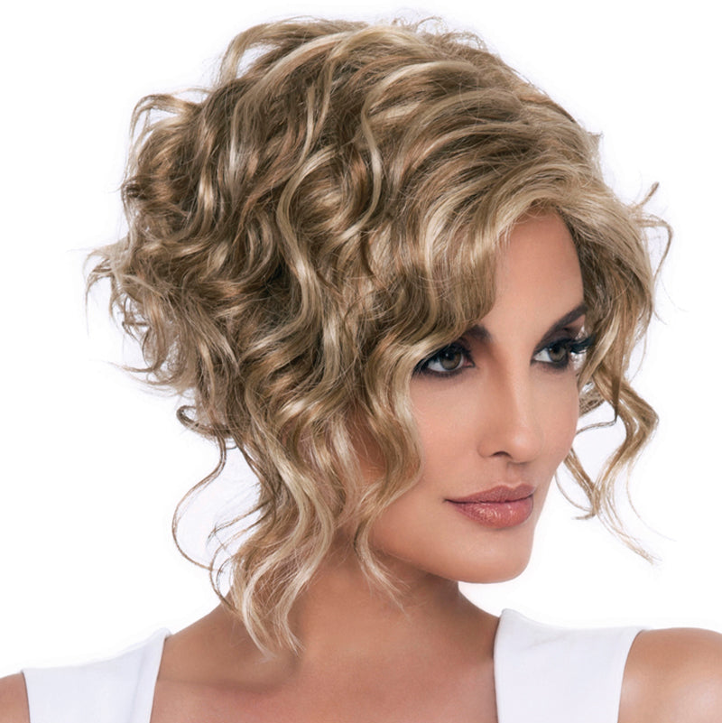 headshot of model wearing blonde curly wig