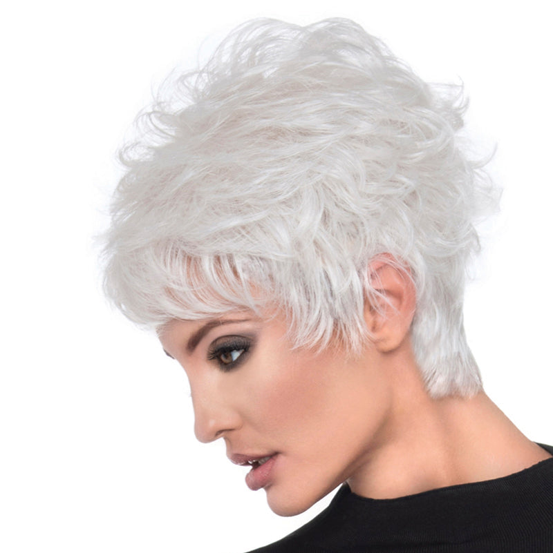 hide profile of model wearing white pixie style wig