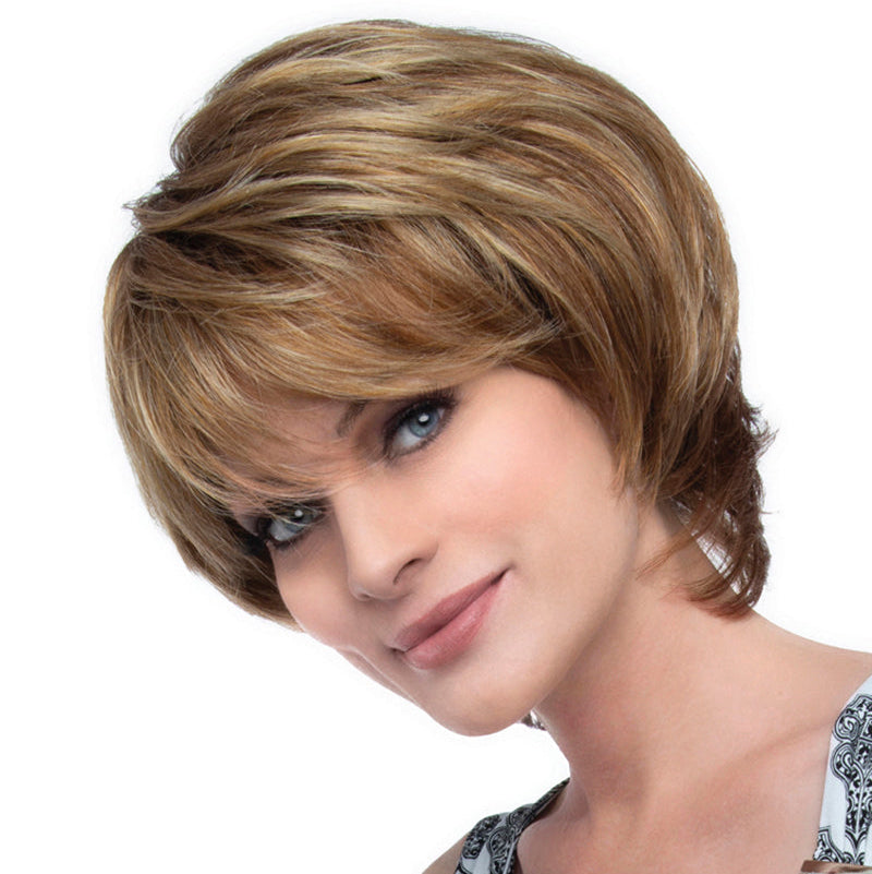 model wearing red blonde short style wig