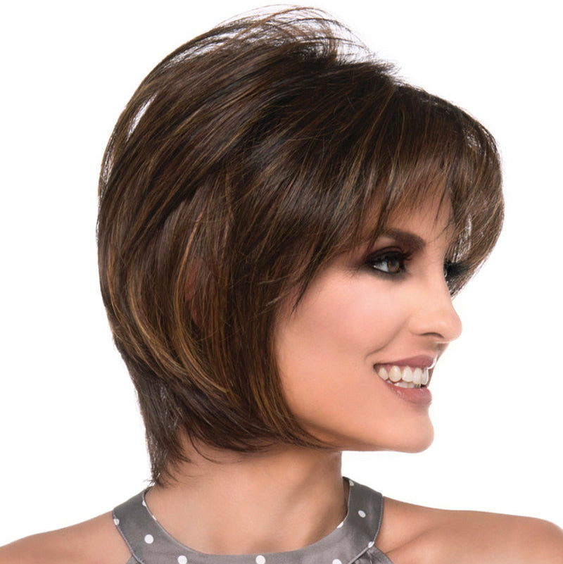 Side profile of model wearing brown chin length wig