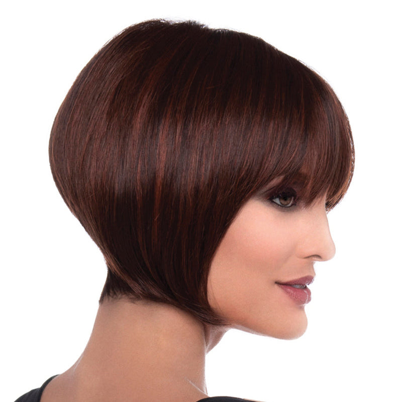 Side profile of model wearing dark red chin length wig