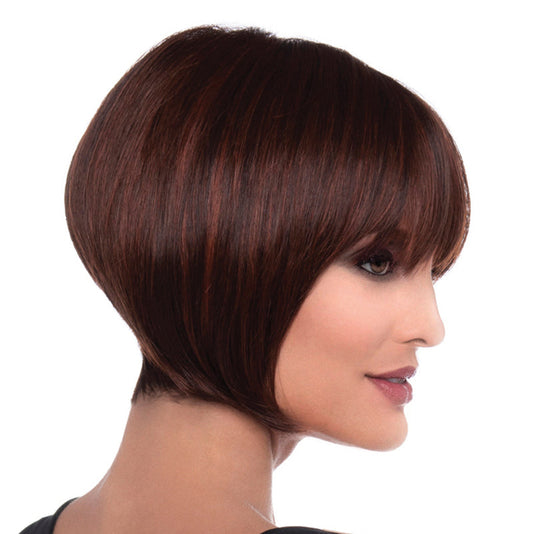 Side profile of model wearing dark red chin length wig