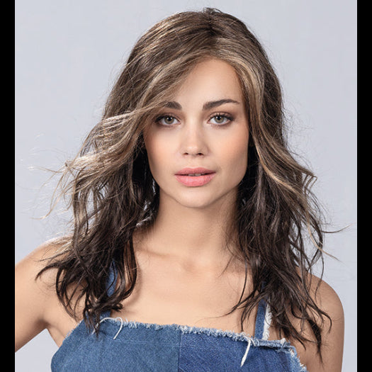 ARROW by Ellen Wille in COFFEE BROWN LIGHTED 8.6.20 | Medium Brown and Dark Brown with Light Strawberry Blonde Blend with Highlights Throughout and Concentrated in the Front