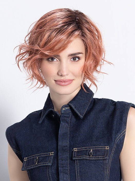 COOKIE by ELLEN WILLE in ROSE BLUSH ROOTED  | Light copper, Peach, and Soft Rose Gold tones with subtle Golden Undertones and Shaded Roots