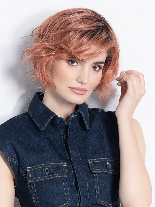 COOKIE by ELLEN WILLE in ROSE BLUSH ROOTED  | Light copper, Peach, and Soft Rose Gold tones with subtle Golden Undertones and Shaded Roots