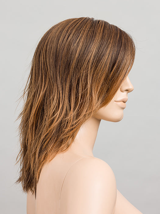 HAZELNUT LIGHTED 8.9.27 | Medium Brown and Medium Warm Brown with Dark Strawberry Blonde Blend with Highlights Throughout and Concentrated in the Front with Shaded Roots