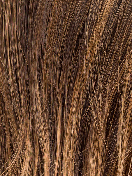 HAZELNUT LIGHTED 8.9.27 | Medium Brown and Medium Warm Brown with Dark Strawberry Blonde Blend with Highlights Throughout and Concentrated in the Front with Shaded Roots