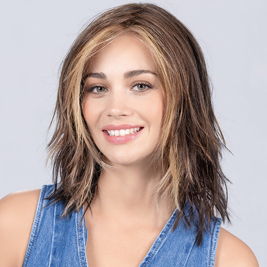 FLOW by Ellen Wille in COFFEE BROWN LIGHTED 6.9.16 | Dark Brown and Medium Warm Brown with Medium Blonde Blends with Highlights Throughout and Concentrated in the Front