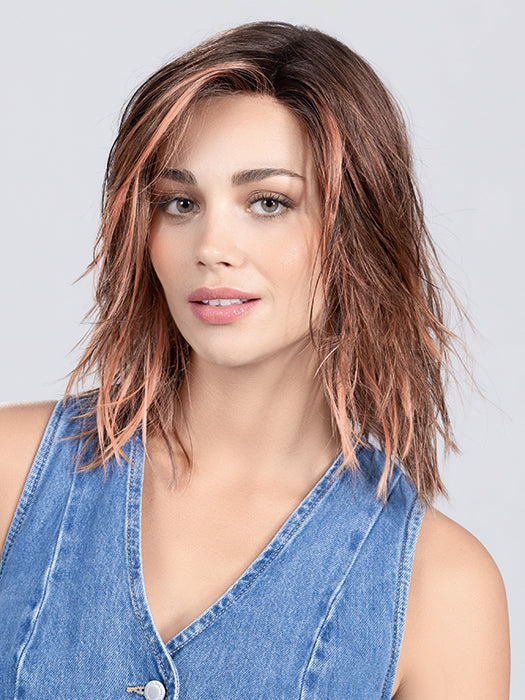 FLOW by Ellen Wille in ROSEWOOD LIGHTED | Medium Brown, Caramel, and Rose Gold blend with Highlights Throughout and Concentrated in the Front with Shaded Roots