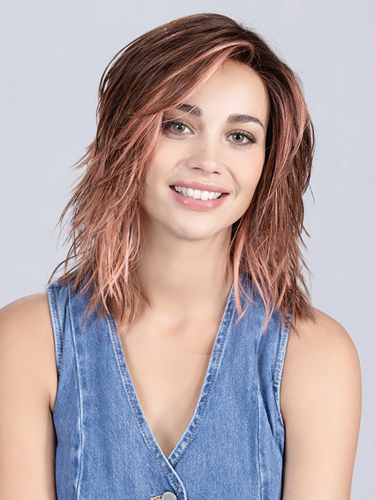 FLOW by Ellen Wille in ROSEWOOD LIGHTED | Medium Brown, Caramel, and Rose Gold blend with Highlights Throughout and Concentrated in the Front with Shaded Roots