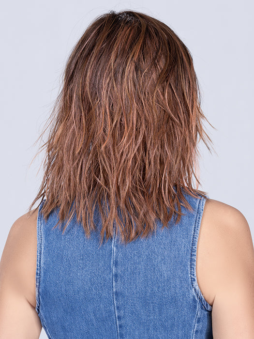 FLOW by Ellen Wille in ROSEWOOD LIGHTED | Medium Brown, Caramel, and Rose Gold blend with Highlights Throughout and Concentrated in the Front with Shaded Roots