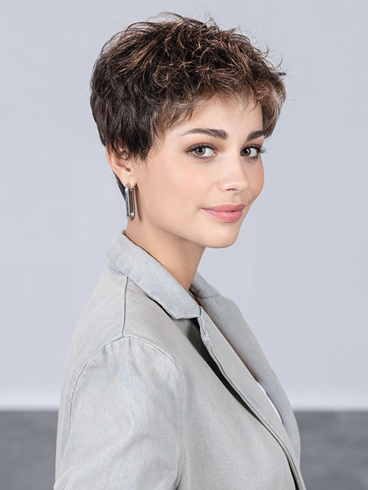 TAB by Ellen Wille in COFFEE BROWN LIGHTED 8.6.20 | Medium Brown and Dark Brown with Light Strawberry Blonde Blend with Highlights Throughout and Concentrated in the Front